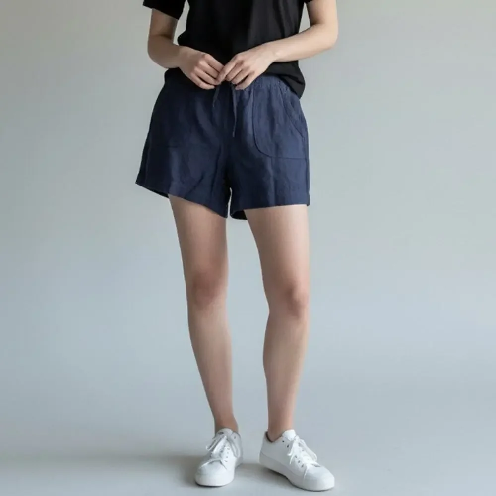 Athleta Casual Navy Blue Basic Linen Feel Shorts Womens 14 Mid Rise Drawstring